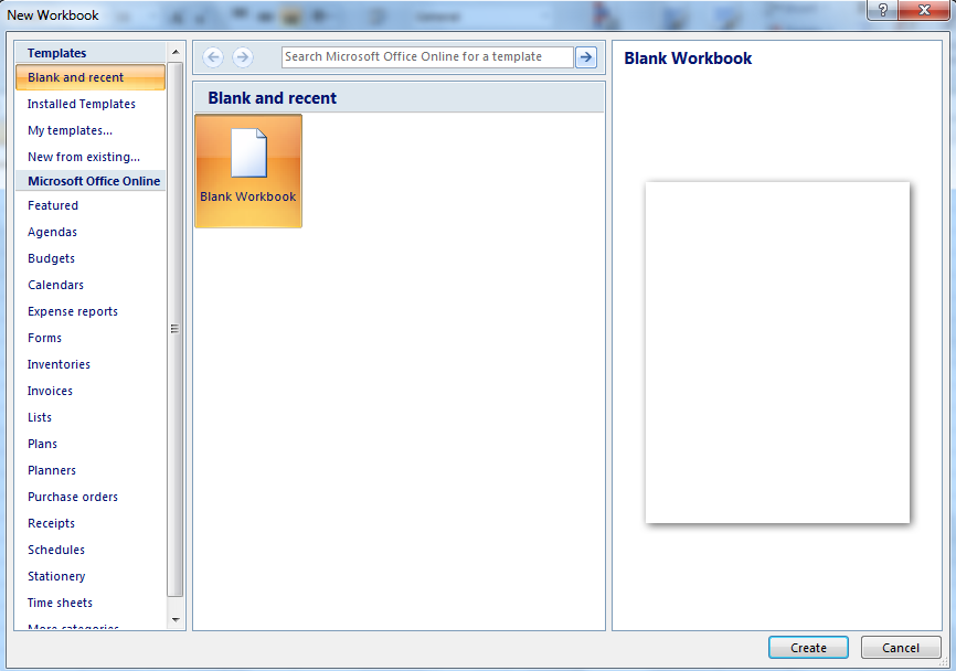 Δημιουργία νέου βιβλίου Για την Δημιουργία Νέου, Κενού Βιβλίου Εργασίας: Κάντε κλικ στο Κουμπί Microsoft Office. Επιλέξτε New. Tο New Workbook dialog box εμφανίζεται.