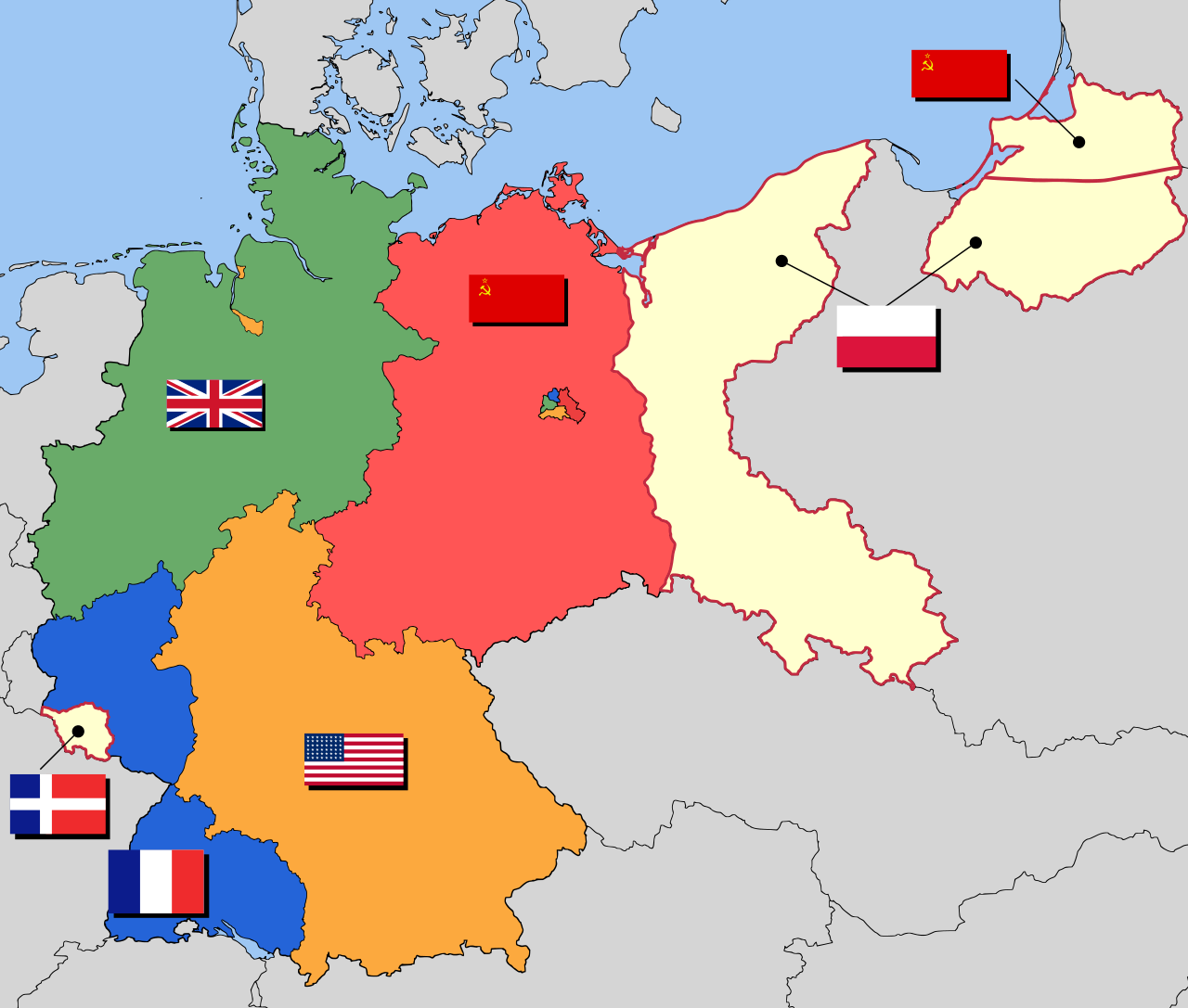 Οι ζώνες κατοχής της Γερμανίας από του συμμάχους, 1947 Πηγή: «Οι ζώνες κατοχής και τα εδάφη που δόθηκαν στην Πολωνία και τη Σοβιετική Ένωση.