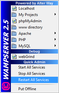 Και στην συνέχεια έκανα Restart All Services (Εικόνα 4.2.4.3) και μετά από κάποια δευτερόλεπτα πρασίνισε το εικονίδιο και λειτούργησε κανονικά το Wamp Server. Εικόνα 4.2.4.3. Συστατικά του Wamp Server (Restart All Services) 4.