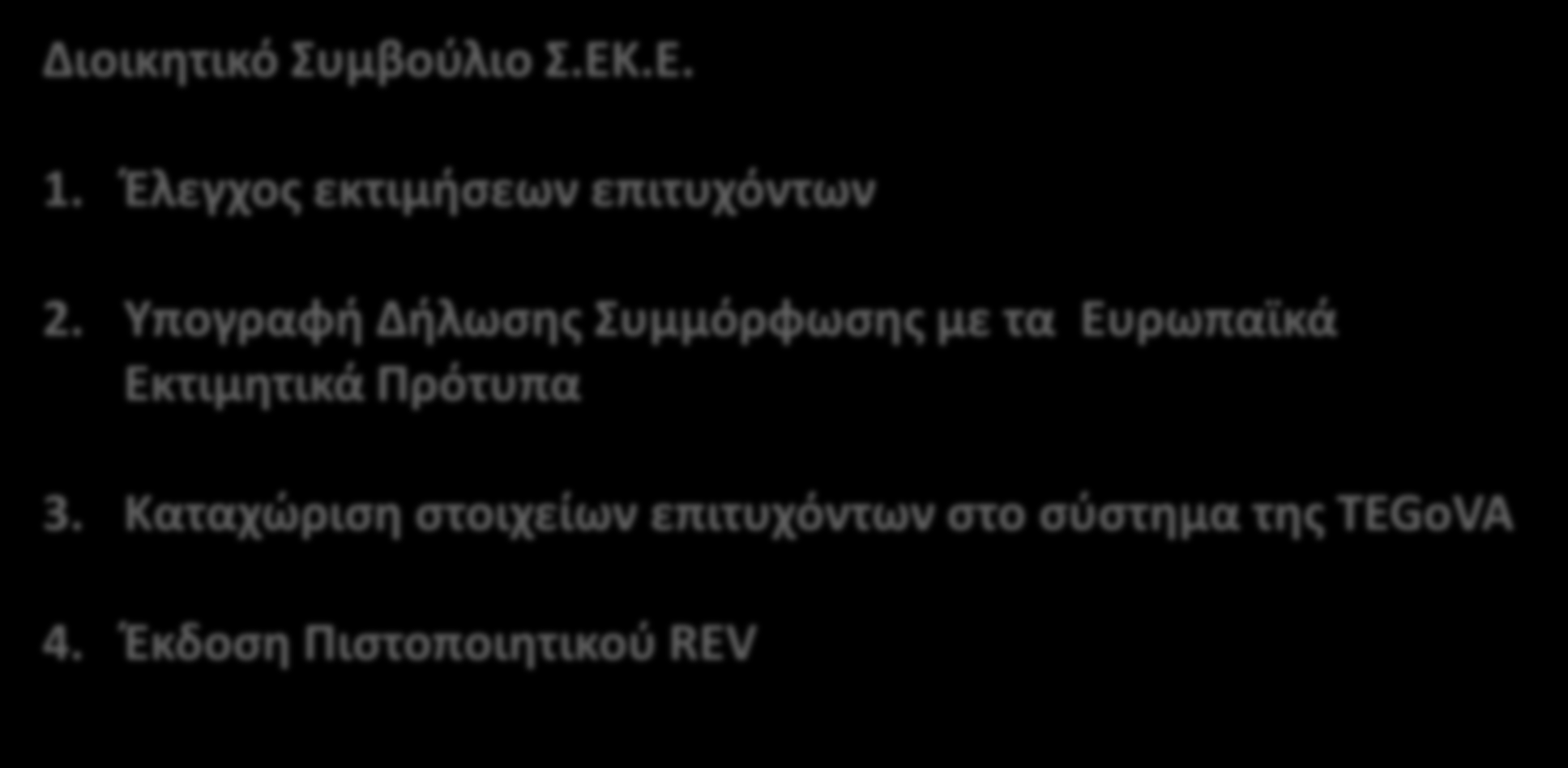 Διαδικασία Πιστοποίησης Έγκριση Χορήγηση τίτλου REV Διοικητικό Συμβούλιο Σ.ΕΚ.Ε. 1. Έλεγχος εκτιμήσεων επιτυχόντων 2.