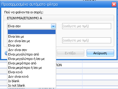 Επιλέγοντας Προσαρμοσμένο, ενεργοποιείται η φόρμα του προσαρμοσμένου αυτόματου φίλτρου μέσα από την οποία ορίζει ο χρήστης τα κριτήρια της αναζήτησης, εισάγοντας τις τιμές των δεδομένων που επιθυμεί