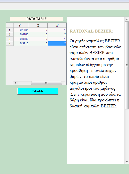 Εικόνα 3.12: Μια ρητή καμπύλη Bezier με 4 σημεία ελέγχου με χρήση της επιλογής Rational. Στην εικόνα είναι εμφανή τα βάρη w στο παράθυρο εισαγωγής δεδομένων. Τα βάρη μπορούν να αλλάξουν από το χρήστη.