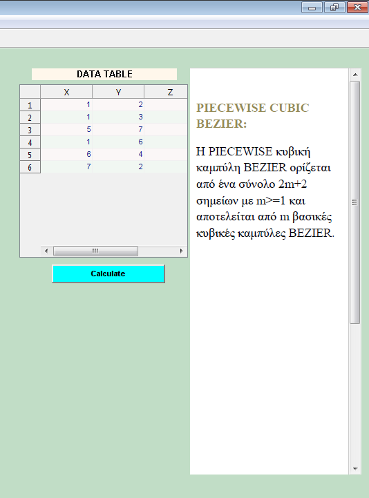 Με την επιλογή Piecewise Bezier (Array Input), το πρόγραμμα παραπέμπει τον χρήστη να εισάγει τις συντεταγμένες των σημείων ελέγχου που ορίζουν την καμπύλη Piecewise Bezier που θέλει να σχεδιάσει με