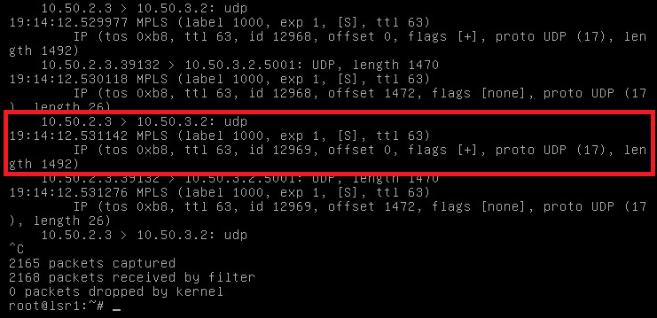 Για την επαλήθευση των παραπάνω ρυθμίσεων στείλαμε UDP κίνηση από το ΑΝ3 (User2 10.50.2.3) στο ΑΝ2 (User1 10.50.3.2). Η κίνηση καταγράφηκε σε όλη τη διαδρομή του δικτύου.