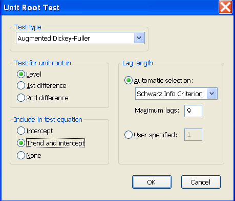 Augmented Dickey-Fuller test (ADF) ADF test v EViews: Jednotkový
