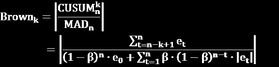 Μέθοδος Παρακολούθησης Brown 04 Η μέθοδος Brown k-περιόδων για την περίοδο n υπολογίζεται ως το απόλυτο πηλίκο του αθροίσματος των σφαλμάτων πρόβλεψης της περιόδου n και των k-1 προηγούμενων περιόδων