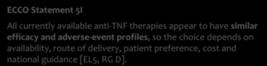 ECCO Statement 5H Patients with objective evidence of active disease refractory to corticosteroids should be treated with anti-tnf therapy, with or without thiopurines or methotrexate [EL1a, RG B for