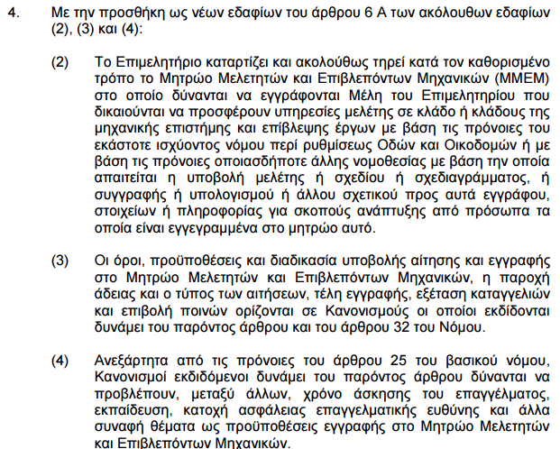 Ενεργοποίηση Μητρώου: Κλάδοι Μητρώου Μελετητών Το προσχέδιο κανονισμών προβλέπει για θέσπιση Μητρώου Μελετητών στους κλάδους Αρχιτεκτονικής, Πολιτικής Μηχανικής, Ηλεκτρολογικής Μηχανικής,