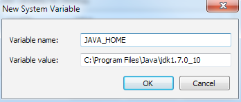 Ρύθμιση της Java (2/3) Στο παράθυρο που ανοίγει δίνουμε ως Variable name : JAVA_HOME κι ως Variable value: C:\Program Files\Java\jdk1.7.0_10.