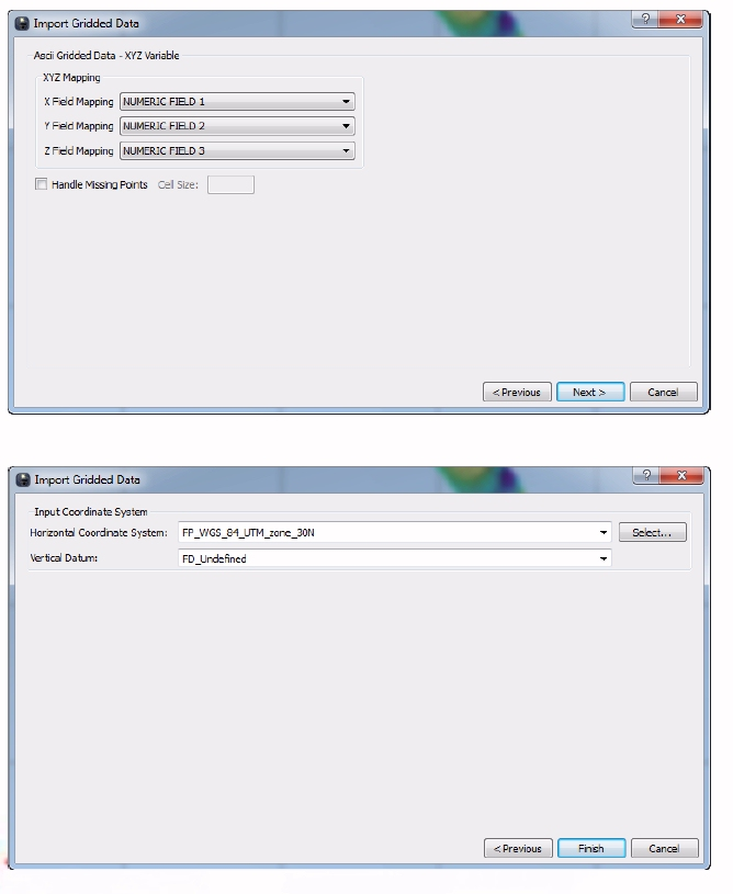 Υδροακουστική απεικόνιση Το παράθυρο Import Gridded Data Τα τρία πεδία x, y, z του αρχείου που εισάγουμε Οι κατακόρυφες ορίζονται πάντα ως FD_undifined (βλ. κείμενο). Εικ. 3.