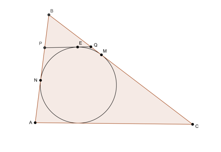 30. Έστω κύκλος εγγεγραμμένος σε τρίγωνο όπως στο σχήμα. Μια ευθεία εφαπτομένη του κύκλου παράλληλη στην πλευρά του τριγώνου τέμνει τις πλευρές του στα σημεία αντίστοιχα.