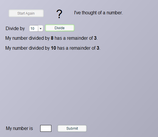 2.7 Ιστοσελίδα http://nrich.maths.org/6402 Το εφαρμογίδιο καλεί τα παιδιά να μαντέψουν τον διαιρετέο, όταν γνωρίζουν τον διαιρέτη και το υπόλοιπο μια διαίρεσης.
