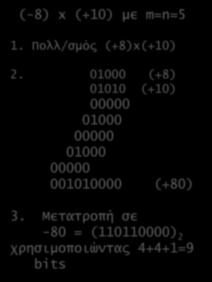 Προσημασμένος πολλαπλασιασμός Ο απλούστερος τρόπος να πολλαπλασιάσουμε δύο προσημασμένους αριθμούς n και m bits: 1. είναι να τους μετατρέψουμε πρώτα σε θετικούς αριθμούς 2.