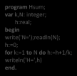 Παράδειγμα: Υπολογισμός του αθροίσματος: H(N)=1+1/2+1/3+ +1/N Ασκήσεις 6/6 program Ηsum; var k,n: