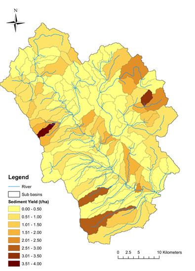 Εικόνα 4.27. Μέσο ετήσιο δυναμικό ιζημάτων (sediment yield) για κάθε υπολεκάνη του Ευρώτα για την περίοδο 2000-2011. Υπάρχει μεγάλη διακύμανση στις τιμές στερεομεταφοράς εντός της λεκάνης.
