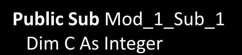 Εμβέλεια Διαδικασιών & Μεταβλητών Module Mod_1 Public A As Integer Private B As Integer Public Sub Mod_1_Sub_1 Dim C As Integer Private Function Mod_1_F1 Dim D As Integer Dim E As Integer «Ορατές»