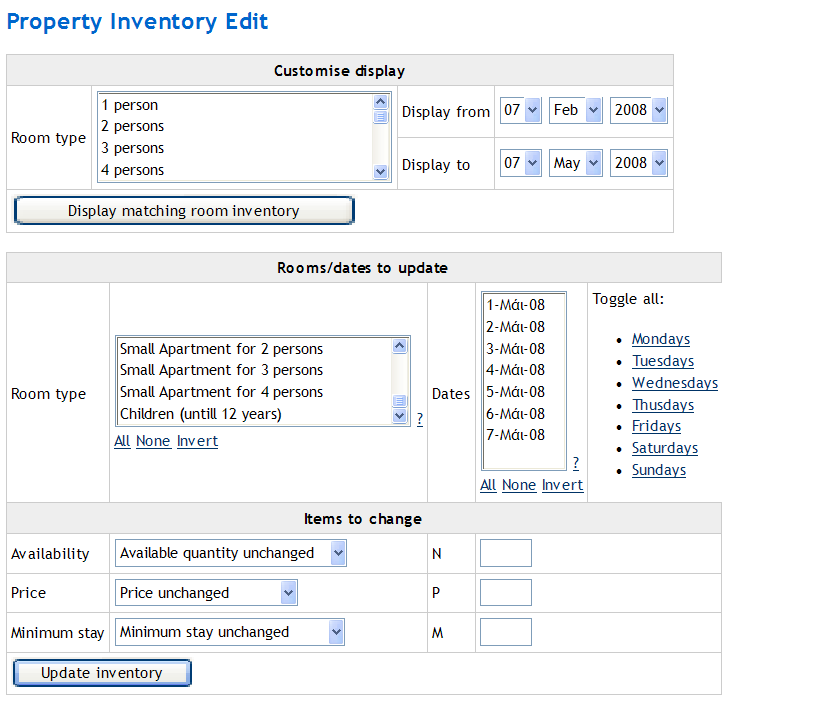 4. ROOM INVENTORY H επιλογή "Room Inventory" µας δίνει την δυνατότητα να αλλάξουµε κατά βούληση την διαθεσιµότητα, την τιµή ή το min stay ενός δωµατίου για κάποιες ηµεροµηνίες µέσα σε ένα season.