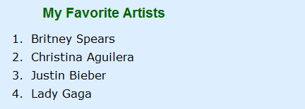 Exercise 4: Array of Favorite Artists The page lists Brian's favorite artists as a bulleted list.