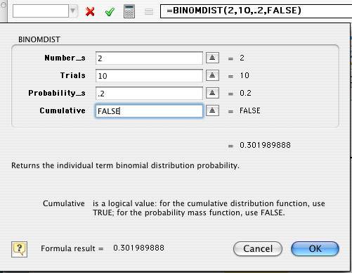 Λειτουργία =BINOMDIST() στο Excel Υπάρχει μια λειτουργία διωνυμικής κατανομής σε Excel που μπορεί επίσης να χρησιμοποιηθεί για τον υπολογισμό αυτών των