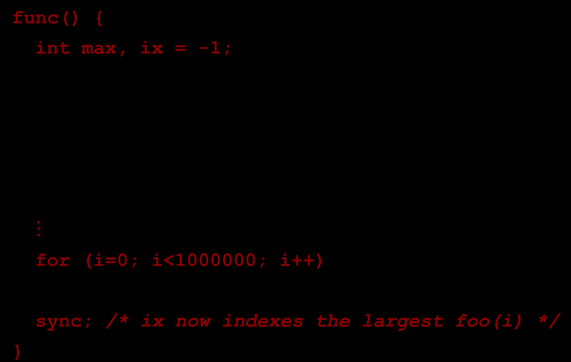 Semantics of Inlets func() { int max, ix = -1; inlet void update ( int val, int index ) { if (idx == -1 val > max) { ix = index; max = val; for (i=0; i<1000000; i++) update ( spawn foo(i), i ); sync;