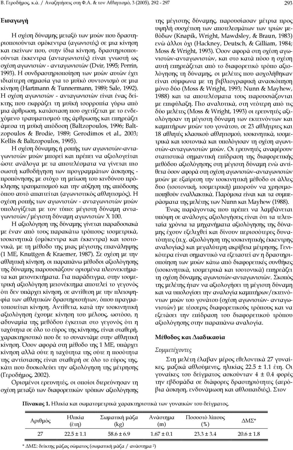 & τον Αθλητισµό, 3 (2005), 292-297 293 Εισαγωγή Η σχέση δύναµης µεταξύ των µυών που δραστηριοποιούνται οµόκεντρα (αγωνιστές) σε µια κίνηση και εκείνων που, στην ίδια κίνηση, δραστηριοποιούνται