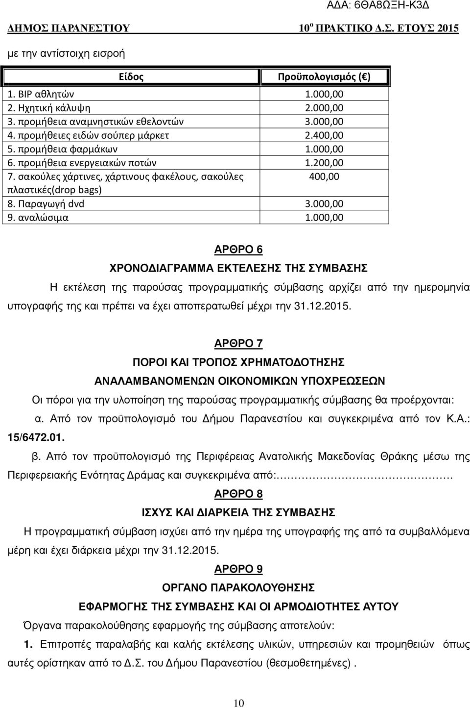 000,00 ΑΡΘΡΟ 6 ΧΡΟΝΟ ΙΑΓΡΑΜΜΑ ΕΚΤΕΛΕΣΗΣ ΤΗΣ ΣΥΜΒΑΣΗΣ Η εκτέλεση της παρούσας προγραµµατικής σύµβασης αρχίζει από την ηµεροµηνία υπογραφής της και πρέπει να έχει αποπερατωθεί µέχρι την 31.12.2015.