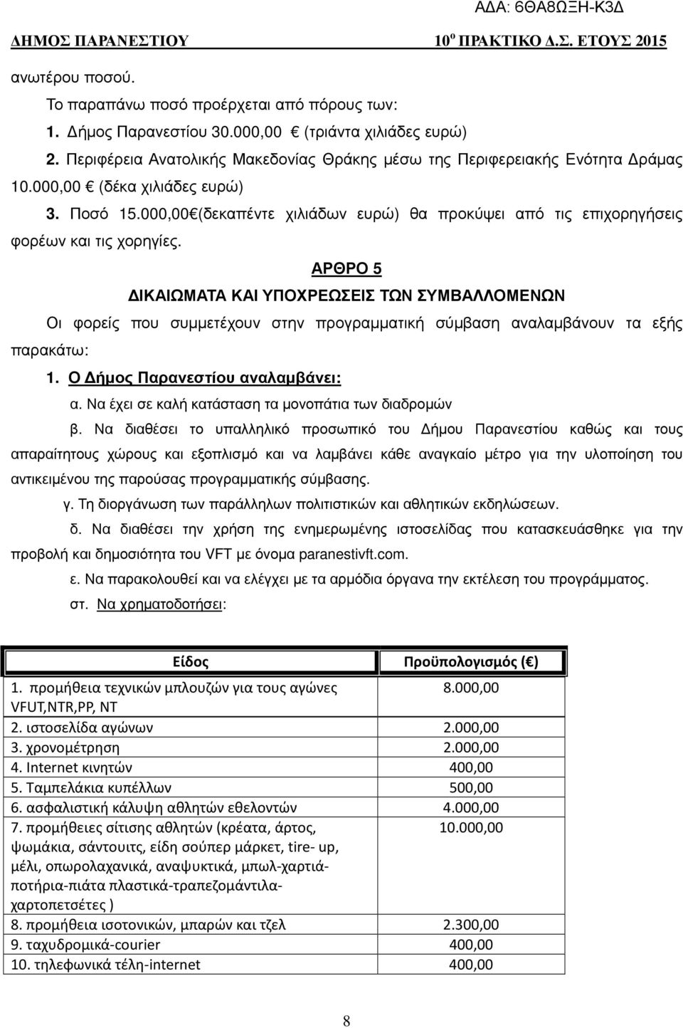 ΑΡΘΡΟ 5 ΙΚΑΙΩΜΑΤΑ ΚΑΙ ΥΠΟΧΡΕΩΣΕΙΣ ΤΩΝ ΣΥΜΒΑΛΛΟΜΕΝΩΝ Οι φορείς που συµµετέχουν στην προγραµµατική σύµβαση αναλαµβάνουν τα εξής παρακάτω: 1. Ο ήµος Παρανεστίου αναλαµβάνει: α.