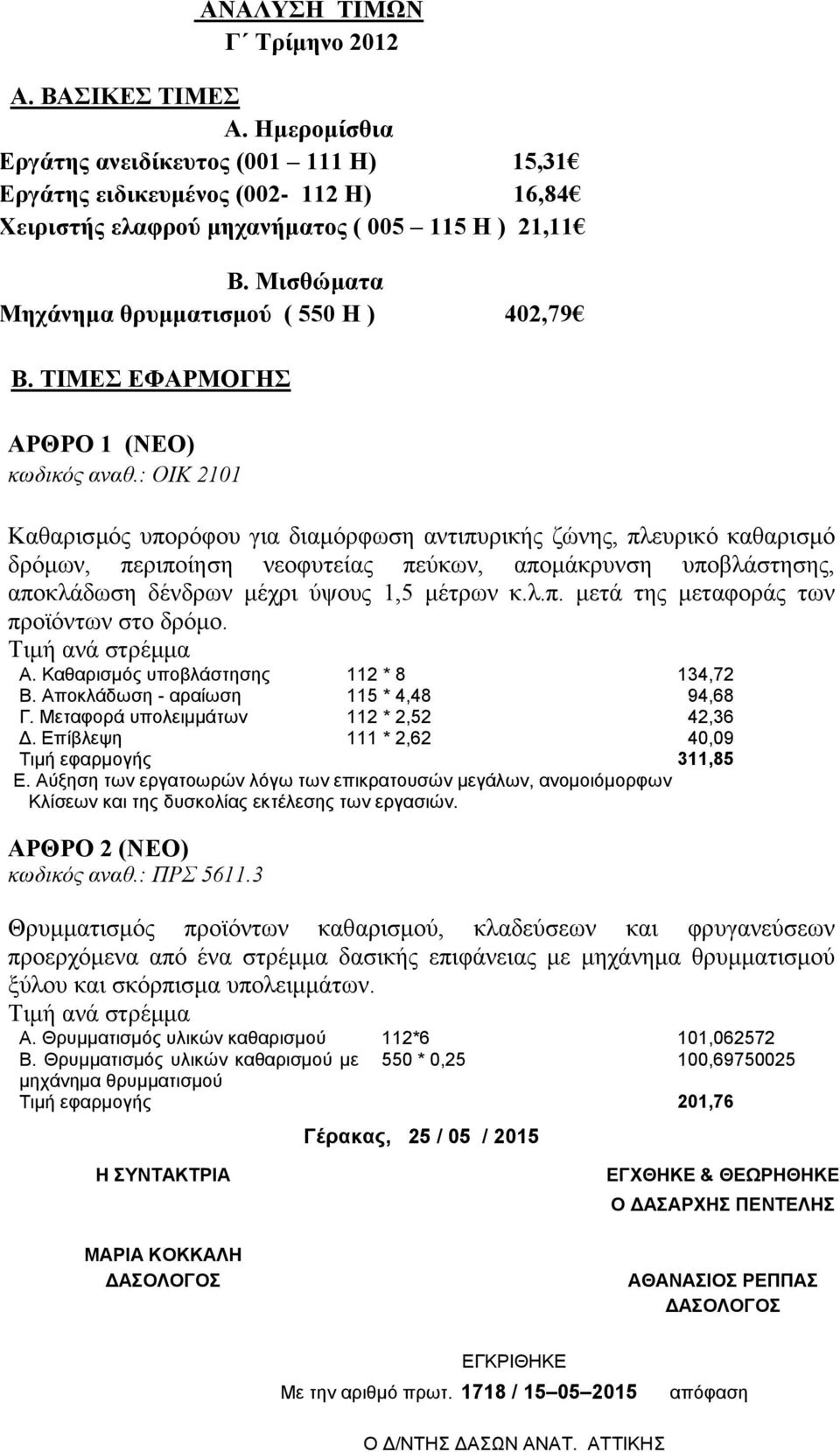 : ΟΙΚ 2101 Καθαρισμός υπορόφου για διαμόρφωση αντιπυρικής ζώνης, πλευρικό καθαρισμό δρόμων, περιποίηση νεοφυτείας πεύκων, απομάκρυνση υποβλάστησης, αποκλάδωση δένδρων μέχρι ύψους 1,5 μέτρων κ.λ.π. μετά της μεταφοράς των προϊόντων στο δρόμο.