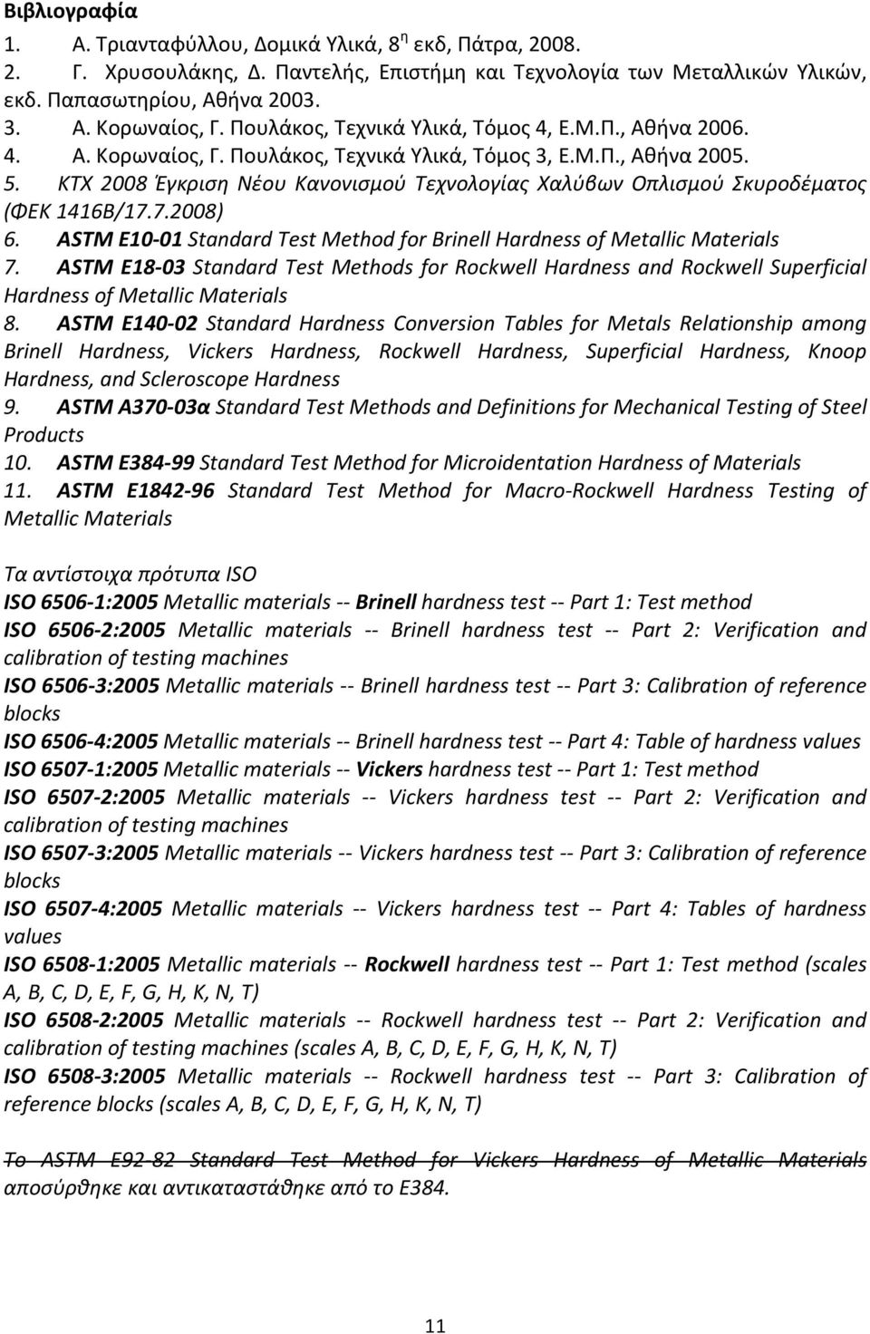 ΚΤΧ 2008 Έγκριση Νέου Κανονισμού Τεχνολογίας Χαλύβων Οπλισμού Σκυροδέματος (ΦΕΚ 1416Β/17.7.2008) 6. ASTM E10-01 Standard Test Method for Brinell Hardness of Metallic Materials 7.