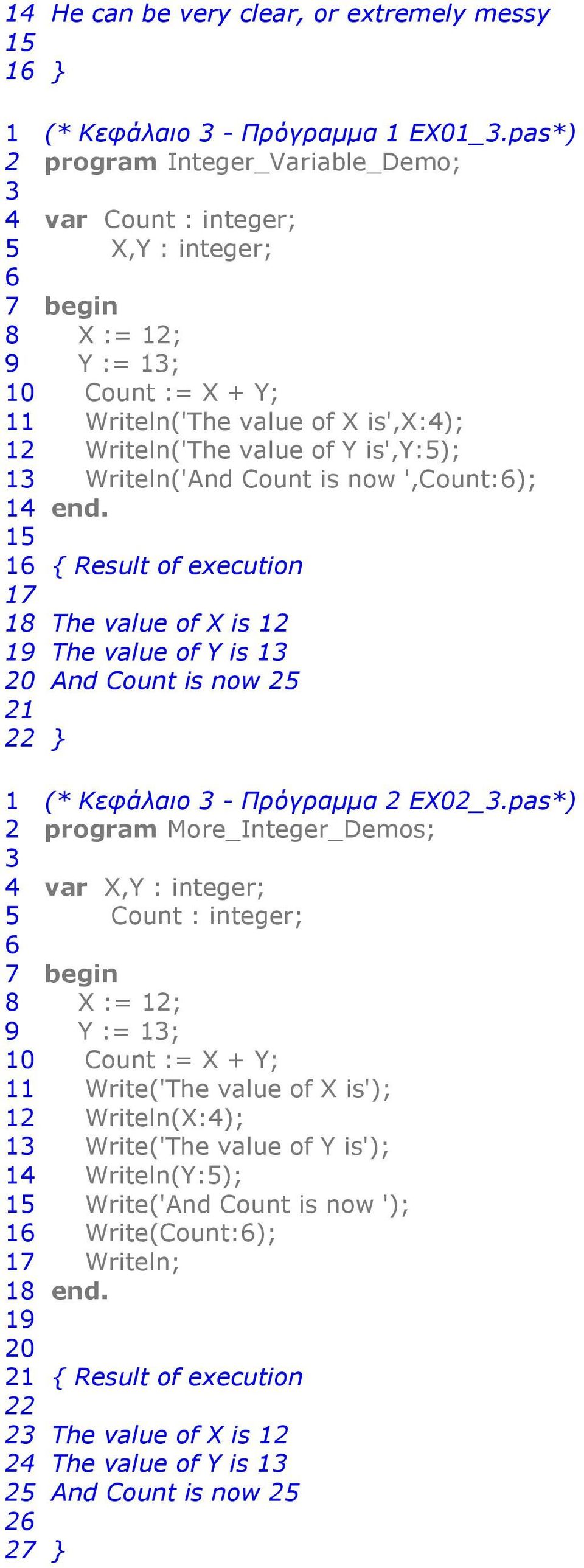 Writeln('And Count is now ',Count:6); 14 end. 15 16 { Result of execution 17 1 The value of X is 1 1 The value of Y is 1 0 And Count is now 5 1 } 1 (* Κεφάλαιο - Πρόγραµµα EX0_.