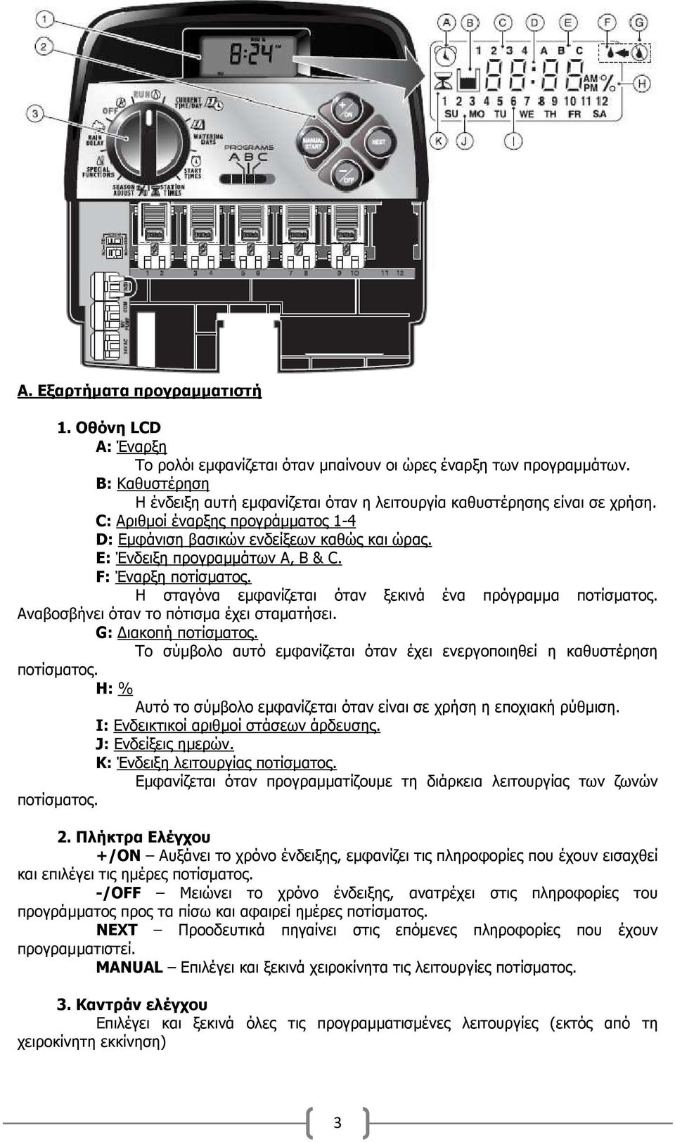 E: Ένδειξη προγραµµάτων Α, Β & C. F: Έναρξη ποτίσµατος. Η σταγόνα εµφανίζεται όταν ξεκινά ένα πρόγραµµα ποτίσµατος. Αναβοσβήνει όταν το πότισµα έχει σταµατήσει. G: ιακοπή ποτίσµατος.