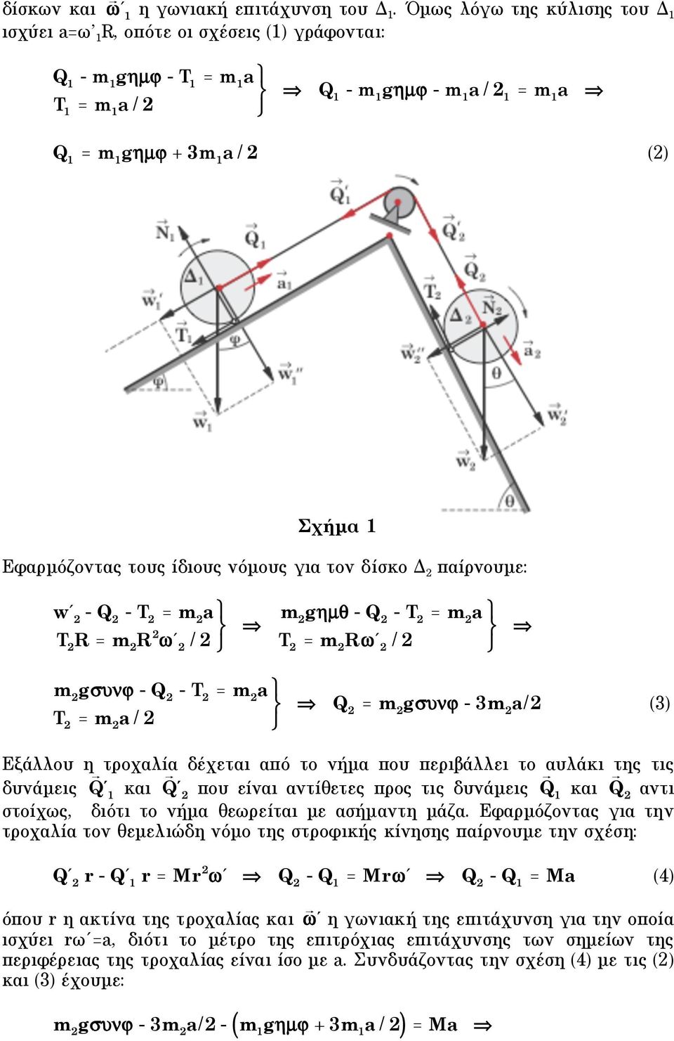 παίρνουµε: w' - Q - T = m a T R = m R ' / m gµ - Q - T = m a T = m R' / m g - Q - T T = m a / = m a ' Q = m g - 3m a/ 3) Εξάλλου η τροχαλία δέχεται από το νήµα που περιβάλλει το αυλάκι της τις