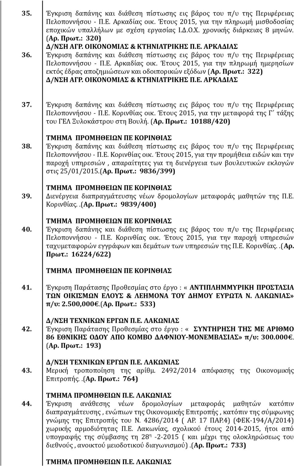 Έτους 2015, για την πληρωμή ημερησίων εκτός έδρας αποζημιώσεων και οδοιπορικών εξόδων (Αρ. Πρωτ.: 322) Δ/ΝΣΗ ΑΓΡ. ΟΙΚΟΝΟΜΙΑΣ & ΚΤΗΝΙΑΤΡΙΚΗΣ Π.Ε. ΑΡΚΑΔΙΑΣ 37.