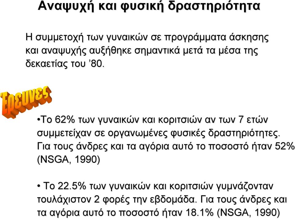 Το 62% των γυναικών και κοριτσιών αν των 7 ετών συµµετείχαν σε οργανωµένες φυσικές δραστηριότητες.