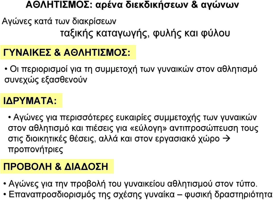 των γυναικών στον αθλητισµό και πιέσεις για «εύλογη» αντιπροσώπευση τους στις διοικητικές θέσεις, αλλά και στον εργασιακό χώρο