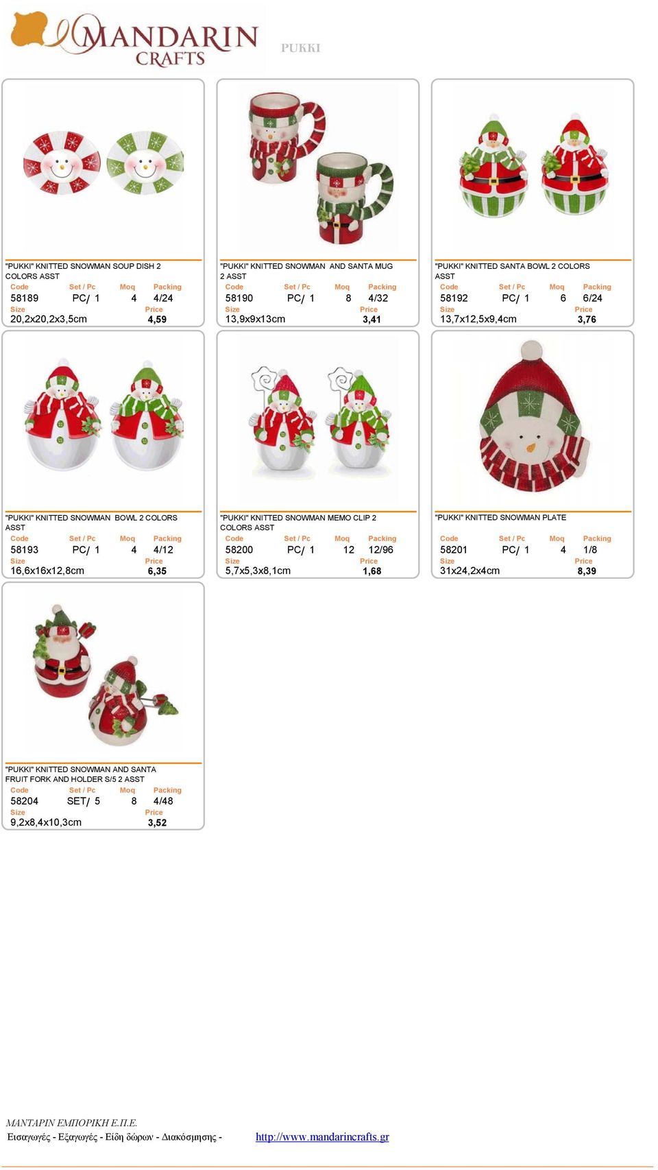 "PUKKI" KNITTED SNOWMAN MEMO CLIP 2 COLORS ASST "PUKKI" KNITTED SNOWMAN PLATE 58193 PC/ 1 4 4/12 58200 PC/ 1 12 12/96 58201 PC/ 1 4 1/8