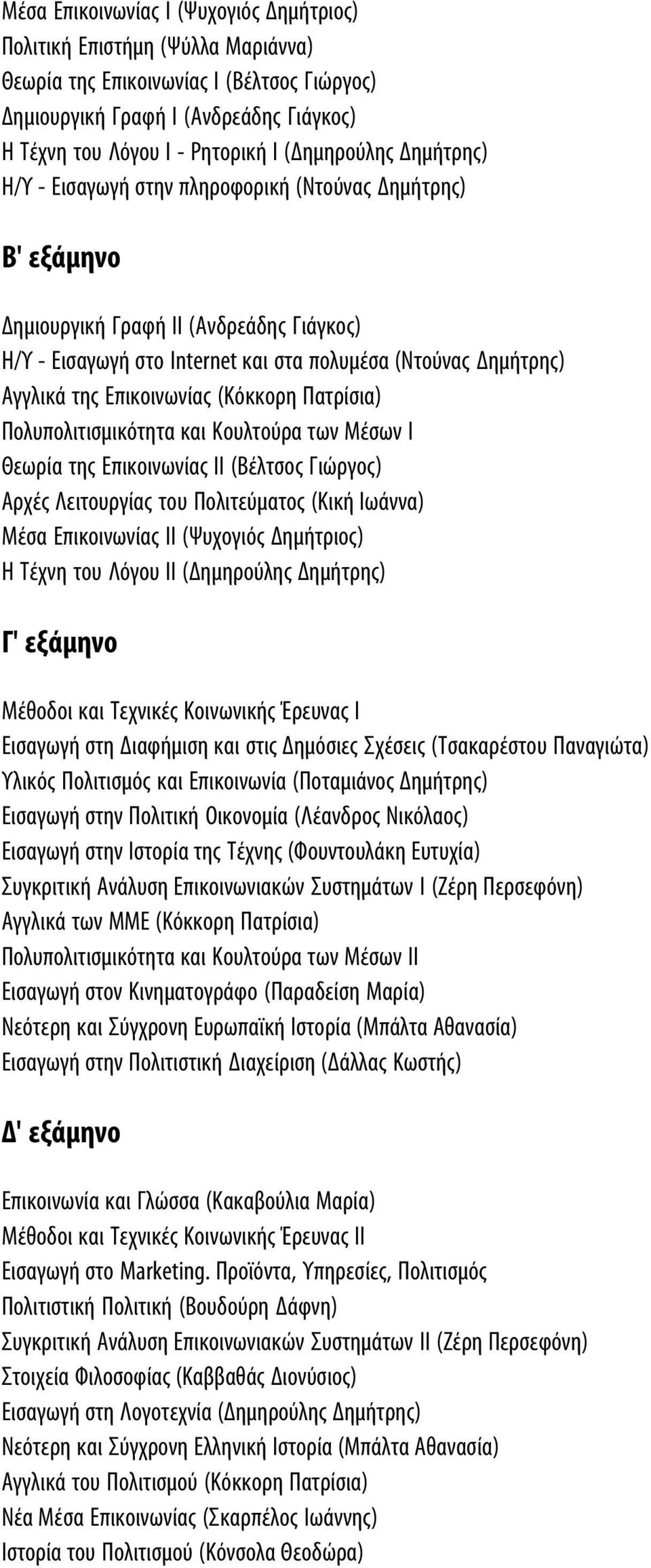 της Επικοινωνίας (Κόκκορη Πατρίσια) Πολυπολιτισμικότητα και Κουλτούρα των Μέσων Ι Θεωρία της Επικοινωνίας ΙΙ (Βέλτσος Γιώργος) Αρχές Λειτουργίας του Πολιτεύματος (Κική Ιωάννα) Μέσα Επικοινωνίας ΙΙ