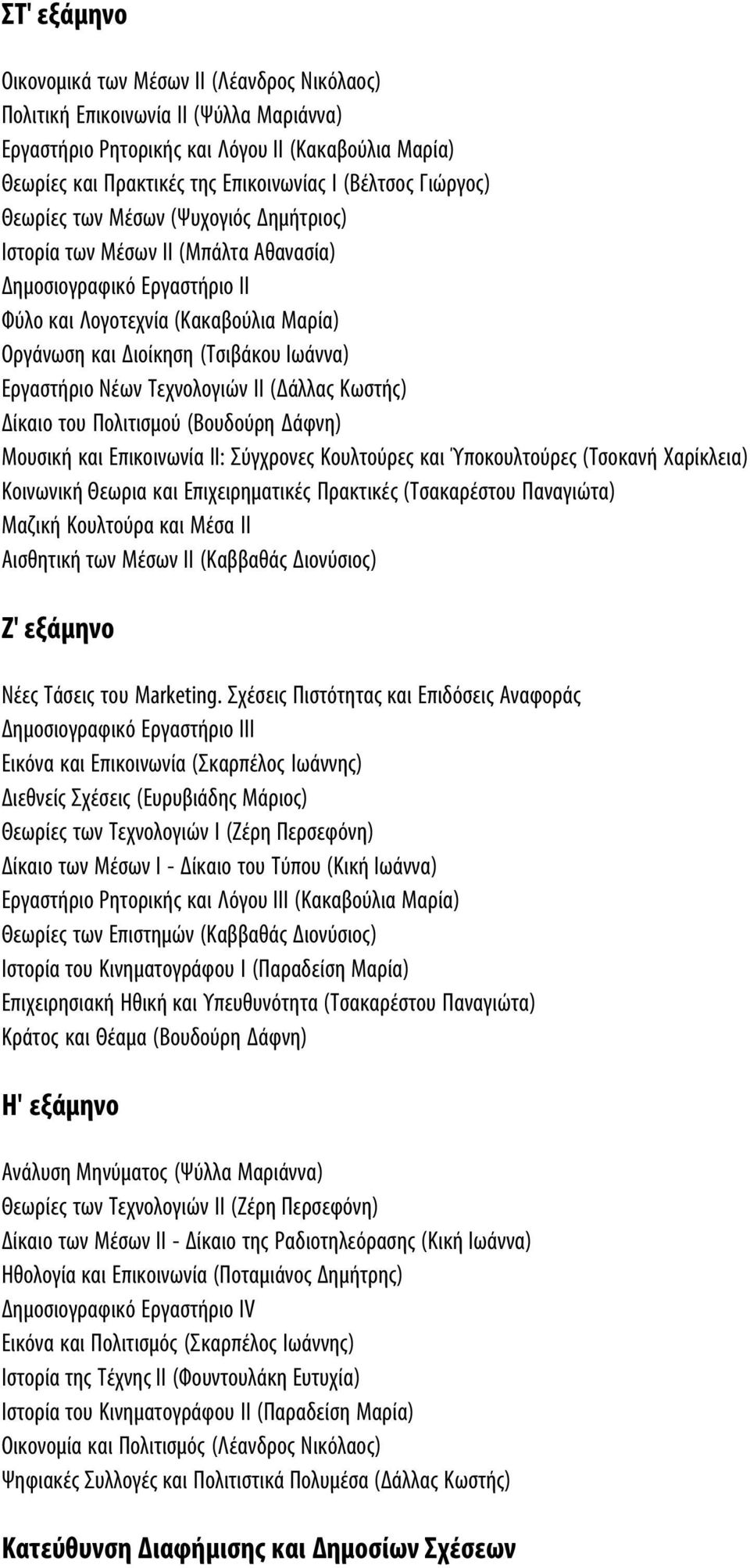 Εργαστήριο Νέων Τεχνολογιών ΙΙ (Δάλλας Κωστής) Δίκαιο του Πολιτισμού (Βουδούρη Δάφνη) Μουσική και Επικοινωνία ΙΙ: Σύγχρονες Κουλτούρες και Ύποκουλτούρες (Τσοκανή Χαρίκλεια) Κοινωνική Θεωρια και