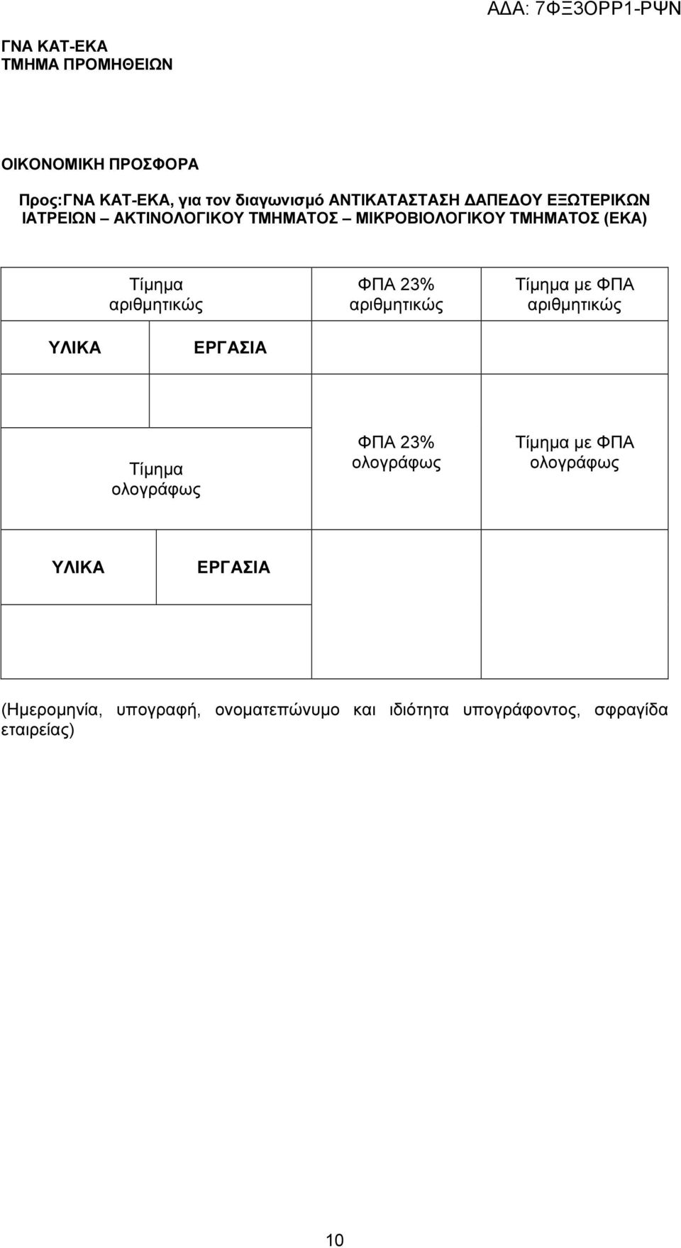 αριθµητικώς Τίµηµα µε ΦΠΑ αριθµητικώς ΥΛΙΚΑ ΕΡΓΑΣΙΑ Τίµηµα ολογράφως ΦΠΑ 23% ολογράφως Τίµηµα µε