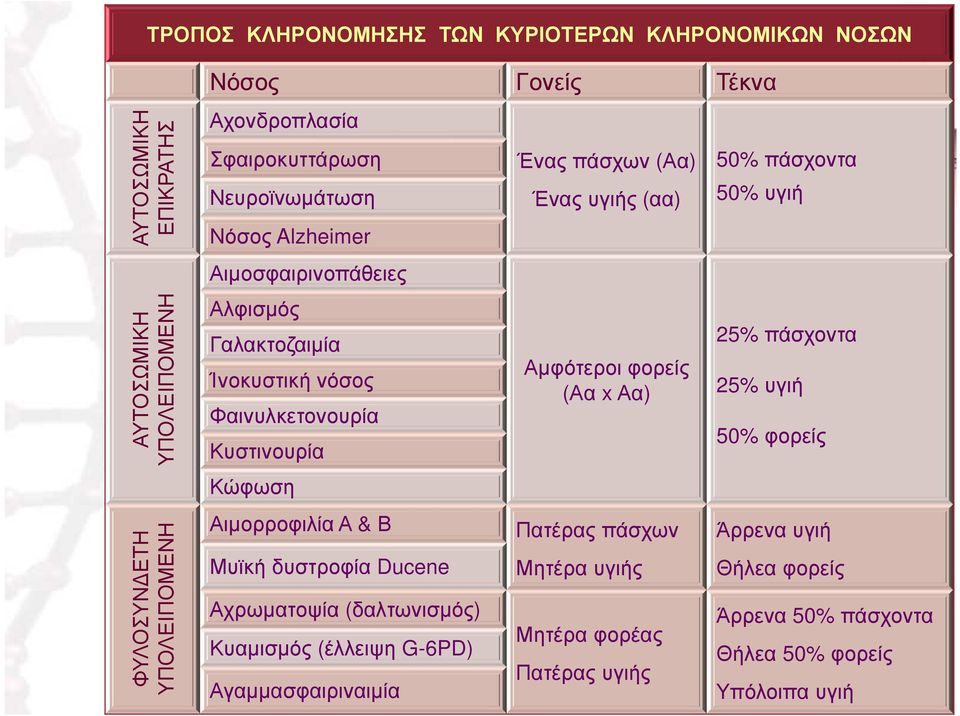 Μυϊκή δυστροφία Ducene Αχρωµατοψία (δαλτωνισµός) Κυαµισµός (έλλειψη G-6PD) Αγαµµασφαιριναιµία Ένας πάσχων (Αα) Ένας υγιής (αα) Αµφότεροιφορείς (Αα xαα) Πατέρας