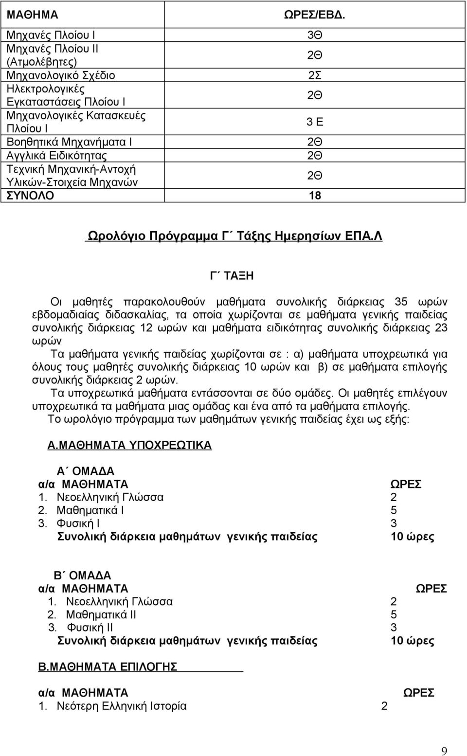 Λ Οι μαθητές παρακολουθούν μαθήματα συνολικής διάρκειας 35 ωρών εβδομαδιαίας διδασκαλίας, τα οποία χωρίζονται σε μαθήματα γενικής παιδείας συνολικής διάρκειας 12 ωρών και μαθήματα ειδικότητας