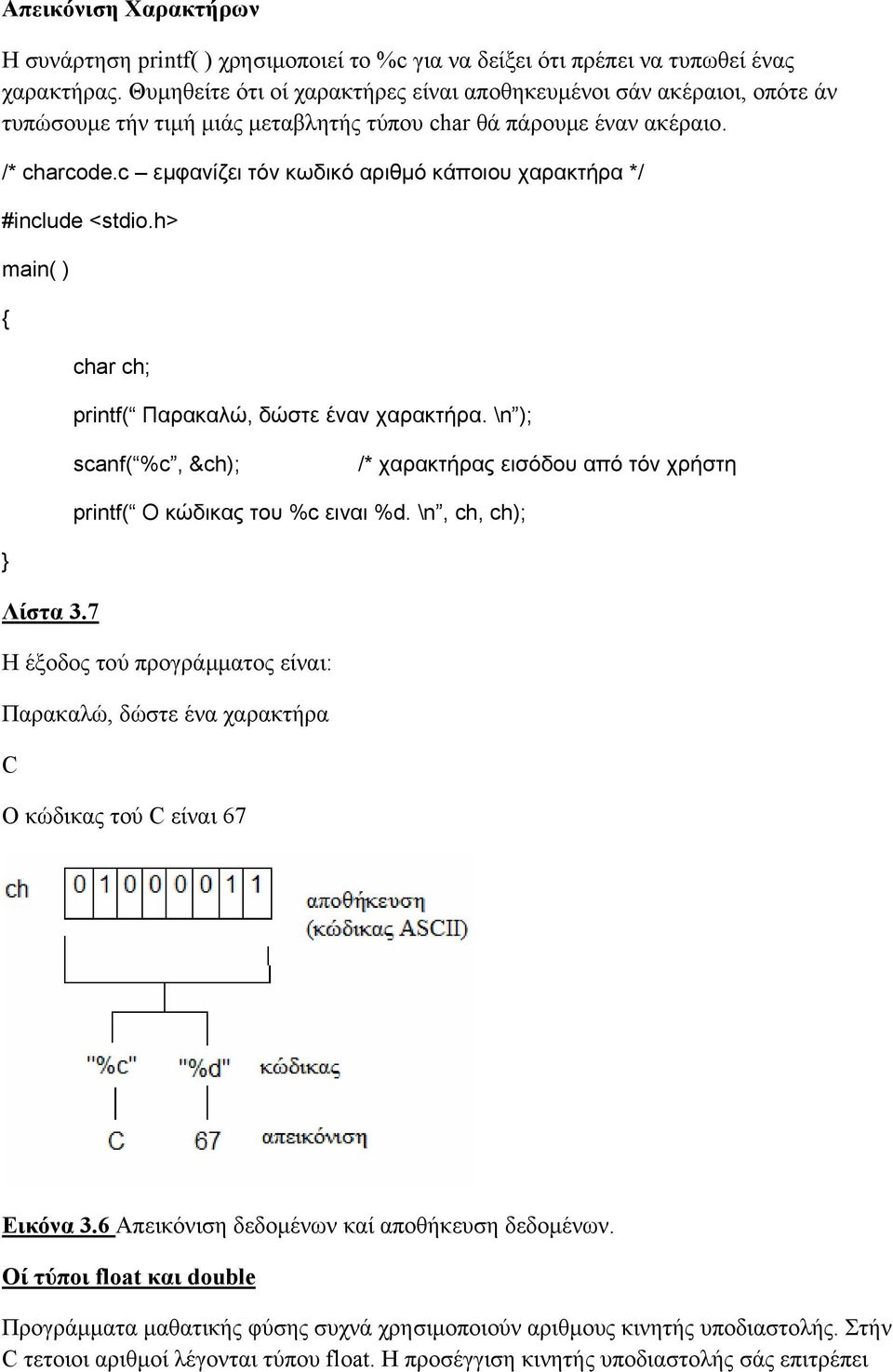 c εµφανίζει τόν κωδικό αριθµό κάποιου χαρακτήρα */ char ch; printf( Παρακαλώ, δώστε έναν χαρακτήρα. \n ); scanf( %c, &ch); /* χαρακτήρας εισόδου από τόν χρήστη printf( Ο κώδικας του %c ειναι %d.