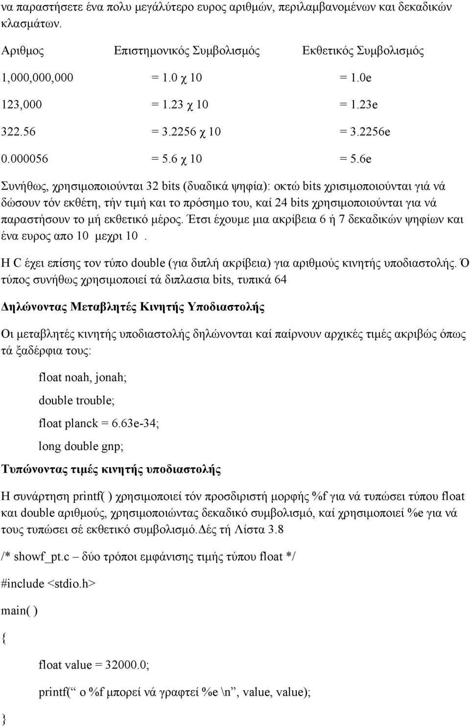 6e Συνήθως, χρησιµοποιούνται 32 bits (δυαδικά ψηφία): οκτώ bits χρισιµοποιούνται γιά νά δώσουν τόν εκθέτη, τήν τιµή και το πρόσηµο του, καί 24 bits χρησιµοποιούνται για νά παραστήσουν το µή εκθετικό