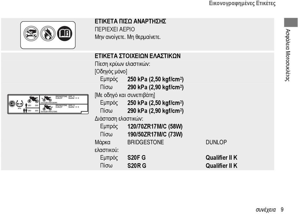 ) [Με οδηγό και συνεπιβάτη] Εμπρός 250 kpa (2,50 kgf/cm 2 ) Πίσω 290 kpa (2,90 kgf/cm 2 ) Διάσταση ελαστικών: Εμπρός