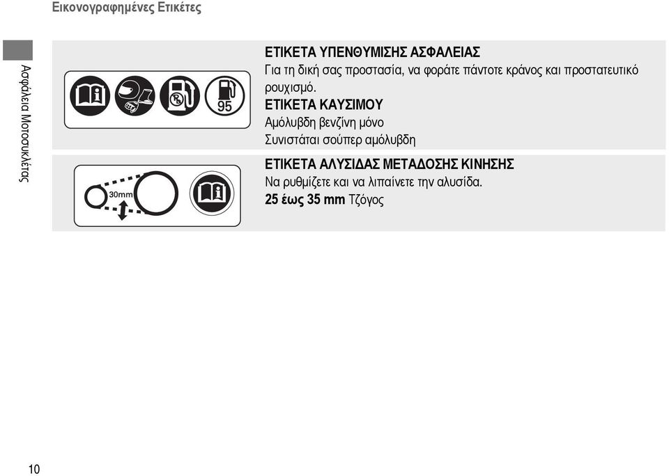 ΕΤΙΚΕΤΑ ΚΑΥΣΙΜΟΥ Αμόλυβδη βενζίνη μόνο Συνιστάται σούπερ αμόλυβδη ΕΤΙΚΕΤΑ