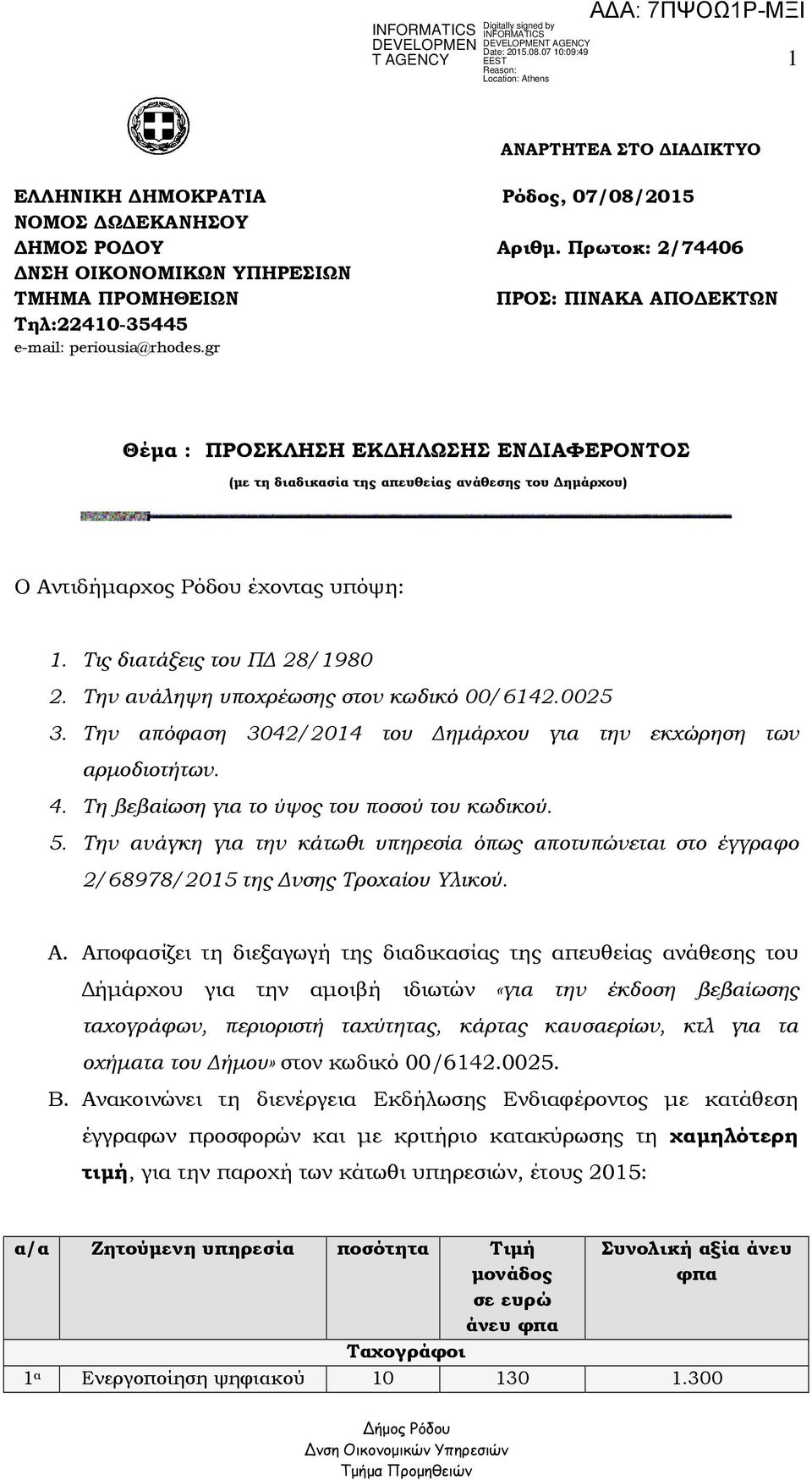 gr Θέµα : ΠΡΟΣΚΛΗΣΗ ΕΚ ΗΛΩΣΗΣ ΕΝ ΙΑΦΕΡΟΝΤΟΣ (µε τη διαδικασία της απευθείας ανάθεσης του ηµάρχου) Ο Αντιδήµαρχος Ρόδου έχοντας υπόψη: 1. Τις διατάξεις του Π 28/1980 2.