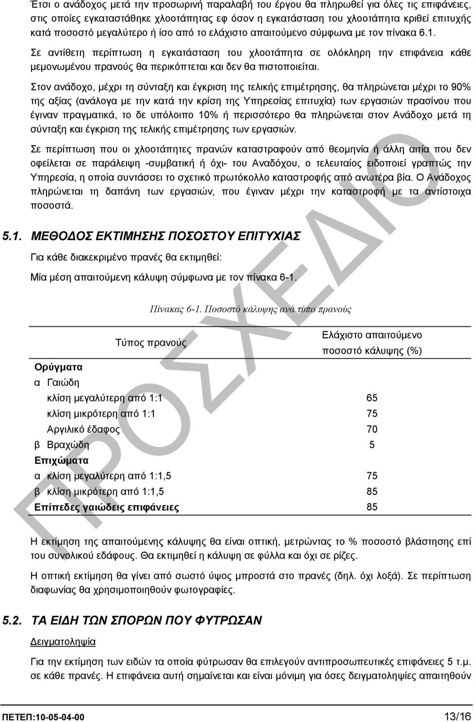 Σε αντίθετη περίπτωση η εγκατάσταση του χλοοτάπητα σε ολόκληρη την επιφάνεια κάθε µεµονωµένου πρανούς θα περικόπτεται και δεν θα πιστοποιείται.