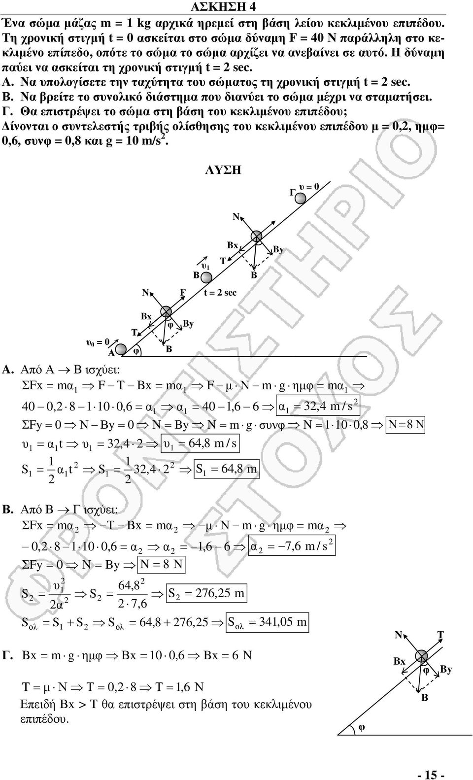 Θ επιστρέψει το σώµ στη βάση το κεκλιµένο επιπέδο; ίνοντι ο σντελεστής τριβής ολίσθησης το κεκλιµένο επιπέδο µ,, ηµφ,6, σνφ,8 κι g m/s. Γ N Bx Τ By N F sec Bx φ By Τ φ A.