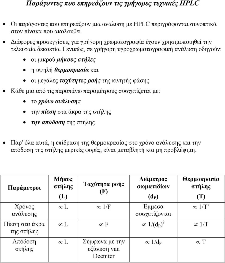 Γενικώς, σε γρήγορη υγροχρωµατογραφική ανάλυση οδηγούν: οι µικρού µήκους στήλες η υψηλή θερµοκρασία και οι µεγάλες ταχύτητες ροής της κινητής φάσης Κάθε µια από τις παραπάνω παραµέτρους συσχετίζεται