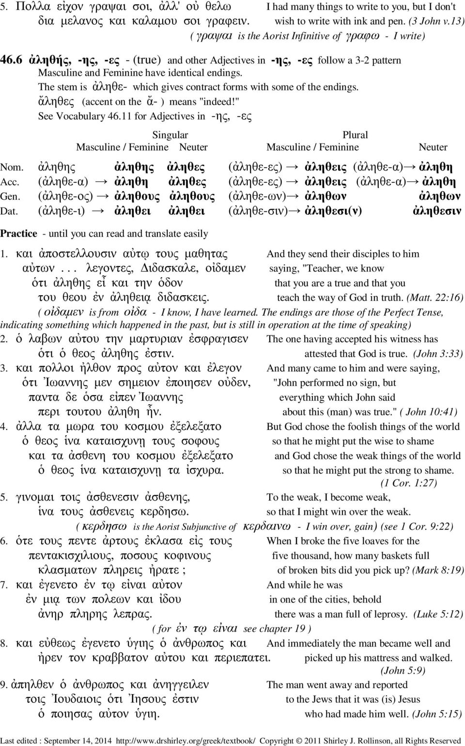 The stem is ἀληθε- which gives contract forms with some of the endings. ἄληθες (accent on the ἄ- ) means "indeed!" See Vocabulary 46.